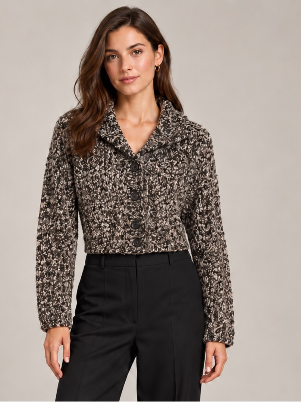 Peter Carol Boucle Cropped S/M Brown Black Marled Button Front Made in USA